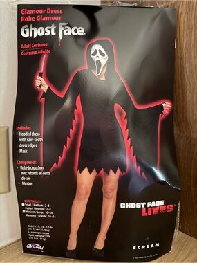 Ghost Face Women’s Costume - Black with Red Trim with mask.